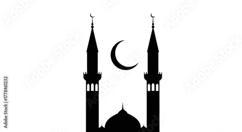 Black mosque silhouette with minarets and crescent moon symbol