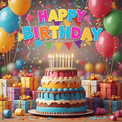 Happy Birthday Celebration with Cake, Balloons, and Colorful Decorations.