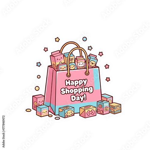 A cute pink and blue shopping bag overflowing with kawaii products and gift boxes, with the text 