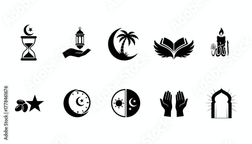Ramadan kareem symbols and islamic fasting icons set vector design