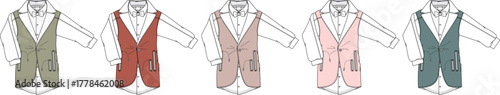 Diverse palette of five meticulously designed tailored vests in different hues, presenting sophisticated men's fashion essentials for styling and apparel creation