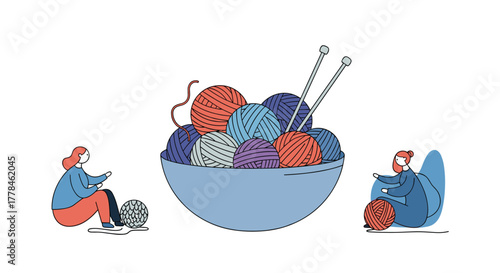 A vibrant illustration depicting two women crafting with yarn, featuring a large bowl overflowing with colorful yarn balls and knitting needles.