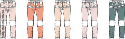 Collection of five pairs of light-colored denim jeans with white knee patches, presented in a horizontal line against a white background