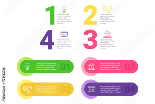 Infographic set presenting sequence of four steps, designed with colorful numbers and icons. Each step including brief explanations, promoting clear understanding of process