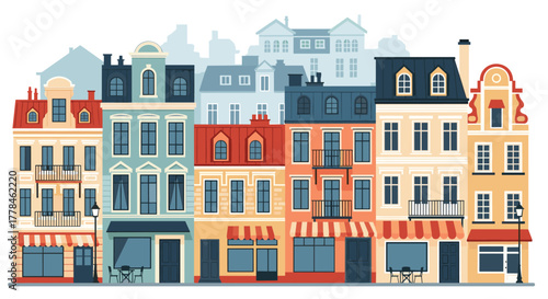A charming illustration of a European city street with colorful historic buildings, shops, and cafes along the bustling avenue.