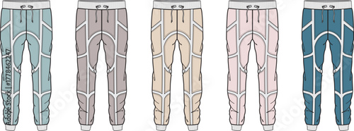 Flat vector illustration of five pairs of stylish patterned athletic pants in different pastel colors