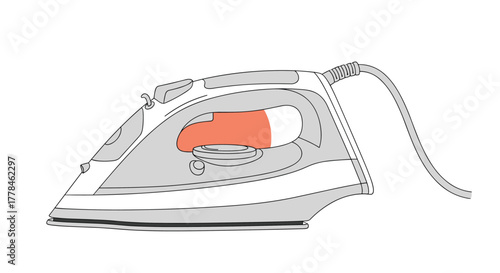 A minimalist line art rendering of a modern electric steam iron with its ergonomic handle area prominently highlighted in a vibrant orange color for clarity.
