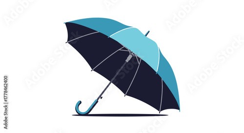 A vibrant two-toned umbrella, featuring sections of light and dark blue, stands open with its hooked handle on a pristine white background.