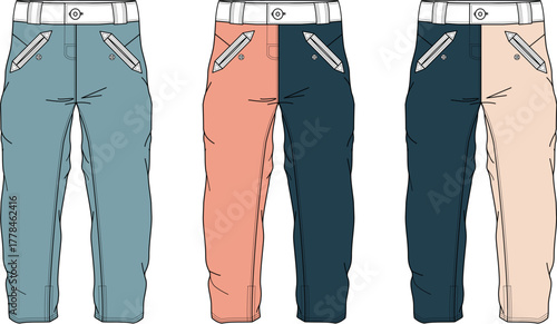 Three pairs of different colored pants displayed side by side, showcasing fashion design and apparel