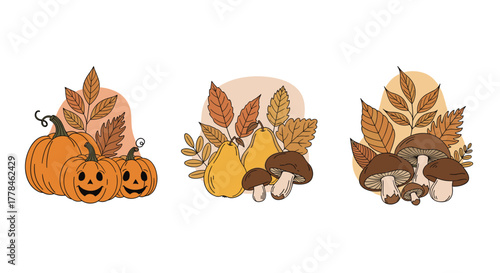 Whimsical autumn harvest collection featuring pumpkins, pears, and mushrooms with colorful fall leaves on abstract backgrounds.