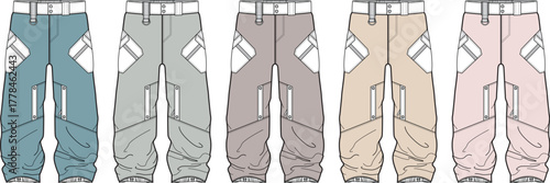 Apparel design concept featuring a technical flat illustration of children's cargo trousers in various pastel colors