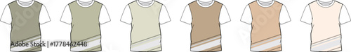 Collection of six different colored t-shirts arranged in a row, showcasing a gradient of earthy tones, each with a white diagonal stripe on the lower right side