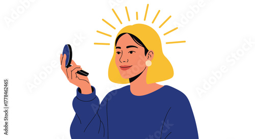 A confident young woman with a radiant aura looks at her reflection in a compact mirror, symbolizing self-love, confidence, and inner light.