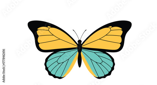 A vibrant stylized butterfly illustration featuring bright yellow upper wings, serene teal lower wings, and a sleek black body.