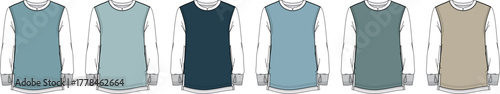Collection of fashion illustration of sleeveless tops and long sleeve shirts in various neutral and blue tones