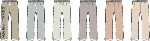Collection of pajama pants in various neutral colors and styles for loungewear