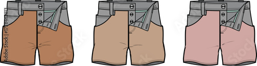 A diverse collection of illustrated casual shorts featuring practical design details, presented in contemporary earthy and soft pink color variations for modern apparel concepts