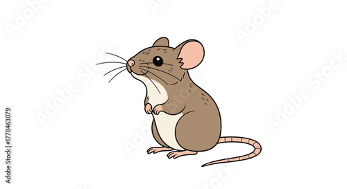 A cute brown and white cartoon mouse standing on its hind legs, looking inquisitively to the left side of the frame with its whiskers twitching.