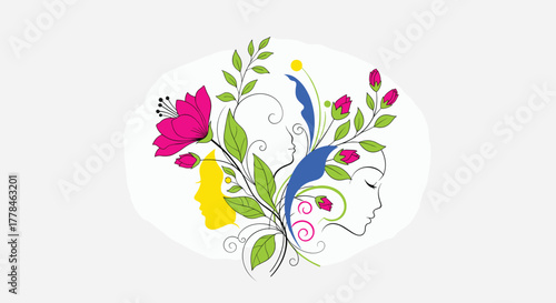 Artistic illustration featuring interconnected female profiles, vibrant flowers, and botanical elements against a light background.