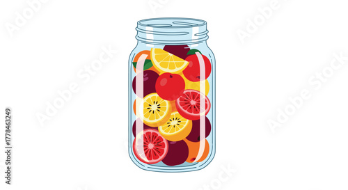 A vibrant, colorful assortment of various fresh fruits like citrus, apples, kiwis, and plums, beautifully arranged inside a clear glass mason jar.