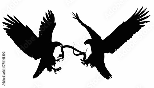 Silhouetted illustration of two eagles fighting over a snake against a white backdrop