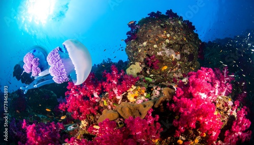 Fototapeta Naklejka Na Ścianę i Meble -  Underwater coral reef scene with jellyfish