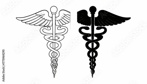 A medical symbol depicts two snakes entwined around a rod with wings on top. One filled. The other outline
