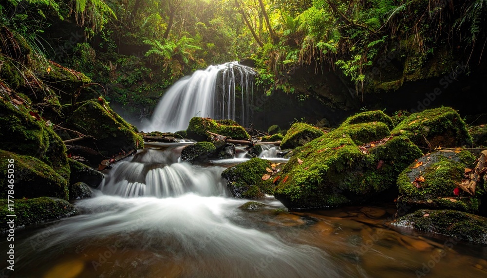 Obraz premium Serene Waterfall Cascading Over Moss Covered Rocks Amidst Lush Green Forest With Sun Beams Filtering Through Canopy