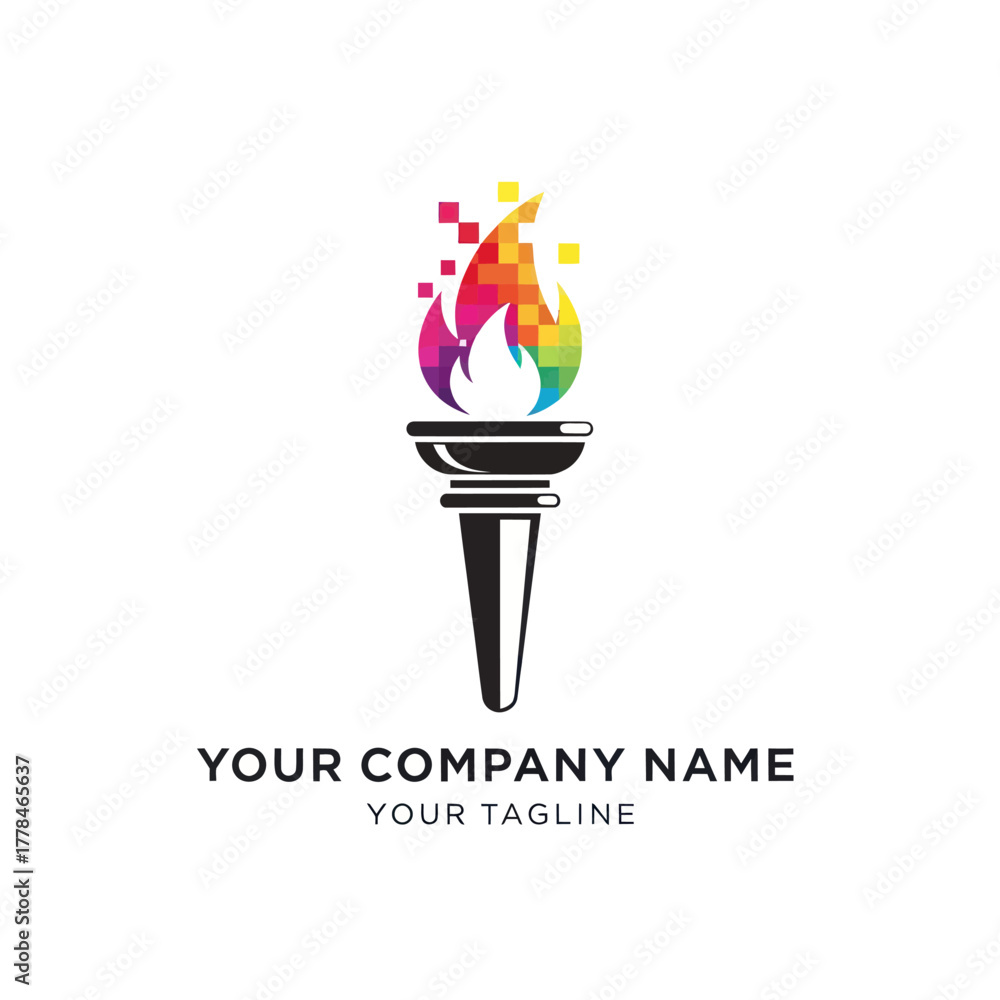 Obraz premium Modern torch logo with a colorful pixelated flame design.