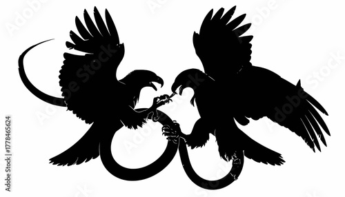 Silhouetted illustration of two birds of prey interacting with each other, forming a design