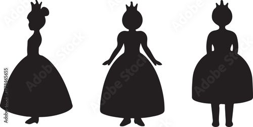 Girl princess silhouettes icon side, front, back poses vector illustration
