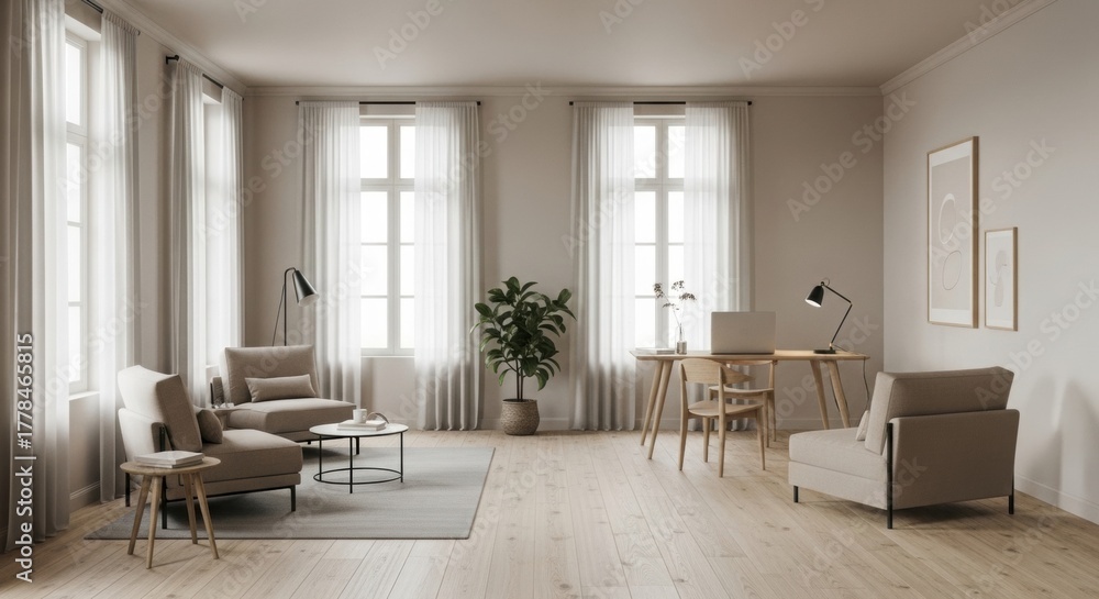 Fototapeta premium Bright Scandinavian living room with soft beige tones and minimalist wooden furniture.