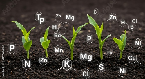 Essential Nutrients for Plant Growth Represented with Young Seedlings and Chemical Symbols