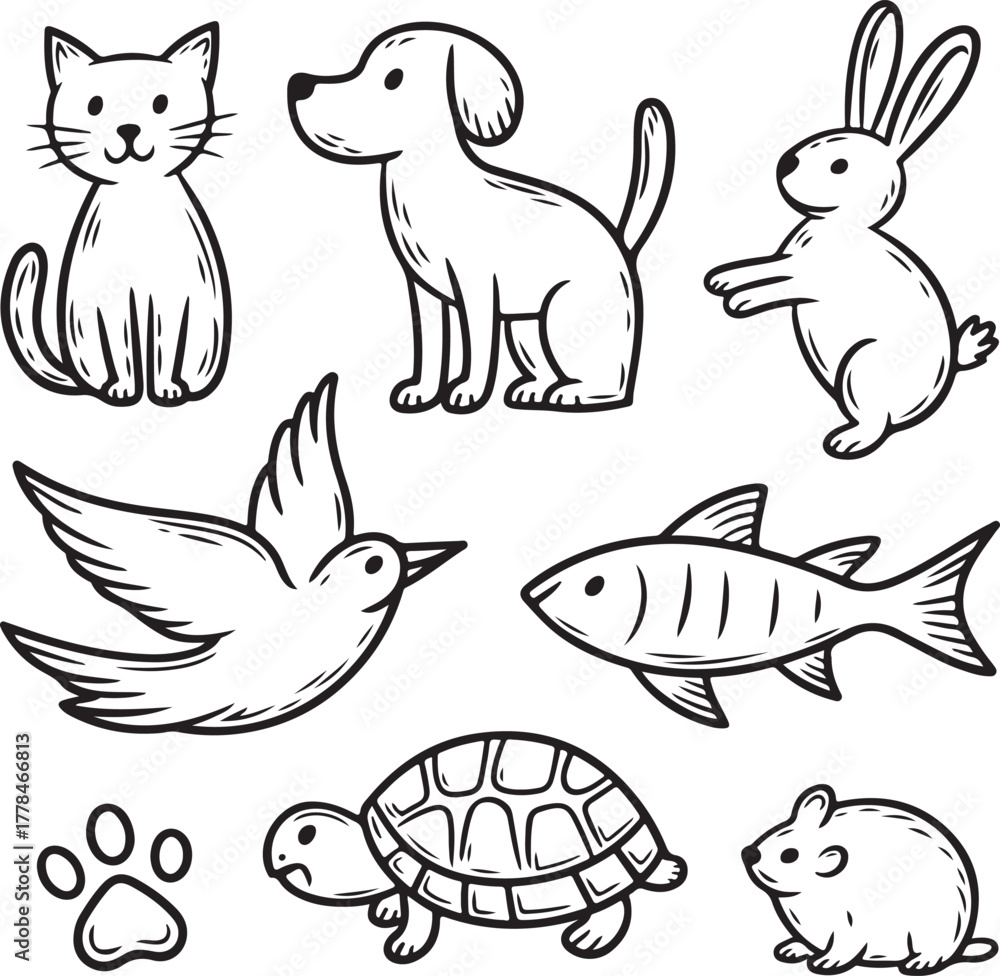 Naklejka premium Charming hand drawn sketch collection of adorable pets and animals