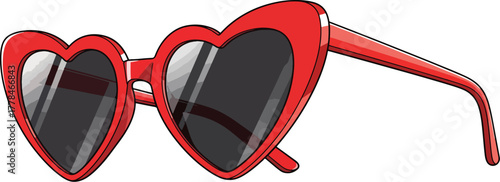 Stylish red heart-shaped sunglasses with dark lenses. A trendy and romantic fashion accessory isolated on a white background, vector illustration