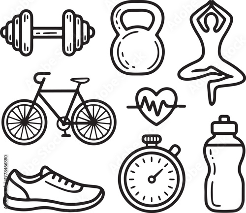 Hand drawn fitness and health icons for exercise and wellness activities