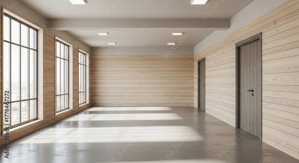 Fototapeta premium Empty modern office interior with wooden walls and large bright windows