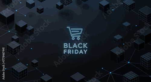 Futuristic Black Friday Minimal Background with 3D Wireframe Cubes
