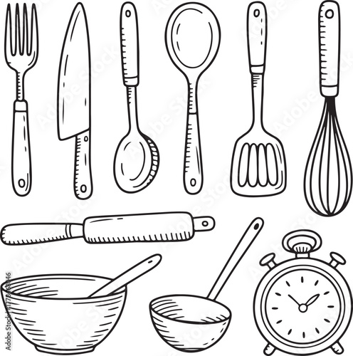 Hand drawn collection of kitchen utensils and cooking tools with a clock