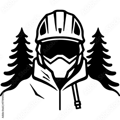 Sketchy emblem of mountain rescuer torso in protective gear front view close up. Engraving minimalistic vector in black ink drawing on transparent background