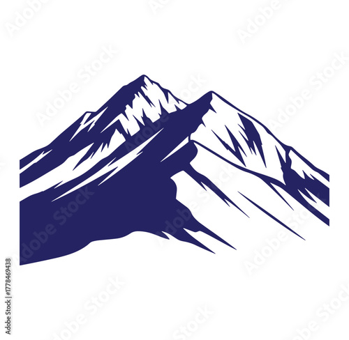 Stylized vector illustration of majestic mountain peaks in a dark blue color scheme