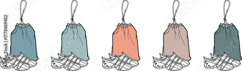 A colorful collection of illustrated magic pouches with drawstrings, each held by a skeletal monster hand