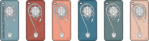 Vector illustrations of six retro portable audio players, each with wired earbuds and a classic interface, presented in unique pastel shades, celebrating vintage technology
