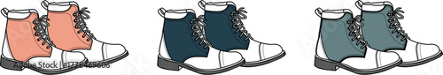 Three pairs of boots in different colors with white soles and laces, presented in a line on a white background