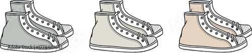 Three pairs of canvas high-top sneakers in different neutral colorways grey, beige, and light peach, presented side-by-side