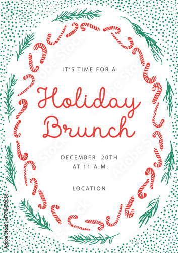 Holiday brunch template invitation. Whimsical frame with spruce branches and candy canes. Graphics design layout for restaurants, hotels events and social media posts.