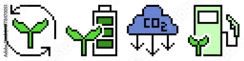 Set pixel green energy icon vector. Collection of 8 bit icons for ecology, sustainability, and renewable power themes. Ideal for retro game assets and digital environmental interfaces.