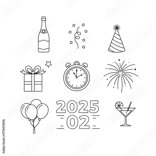 Hand-drawn vector party icons set including wine, champagne, cocktail, and bottle illustration for bar and restaurant celebration design