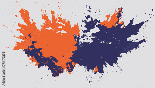 Abstract splattered paint design. Orange and navy paint splatters on a light gray background
