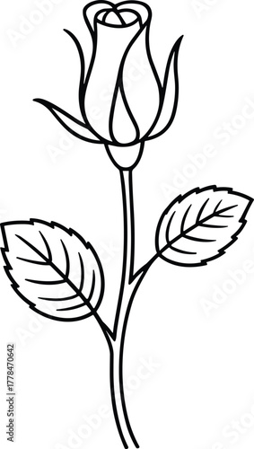 Black outline of a single rose bud with two leaves on a white background
